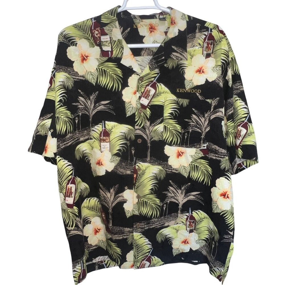 Kenwood Hawaiian Button Front Shirt Mens XXL Black Floral Palm Print 100% Silk